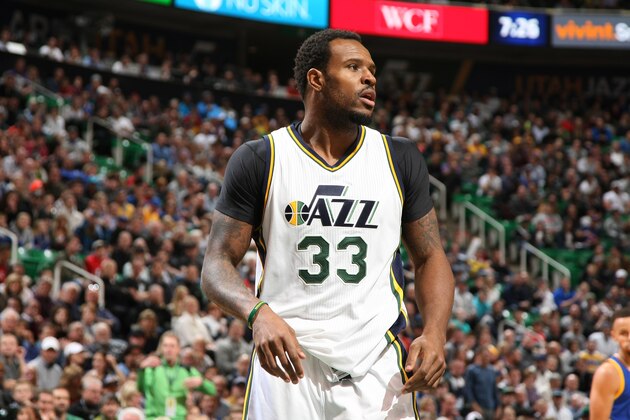 SALT LAKE CITY, UT - NOVEMBER 30: Trevor Booker #33 of the Utah Jazz looks on during the game against the Golden State Warriors on November 30, 2015 at EnergySolutions Arena in Salt Lake City, Utah. NOTE TO USER: User expressly acknowledges and agrees that, by downloading and or using this Photograph, User is consenting to the terms and conditions of the Getty Images License Agreement. Mandatory Copyright Notice: Copyright 2015 NBAE (Photo by Melissa Majchrzak/NBAE via Getty Images)