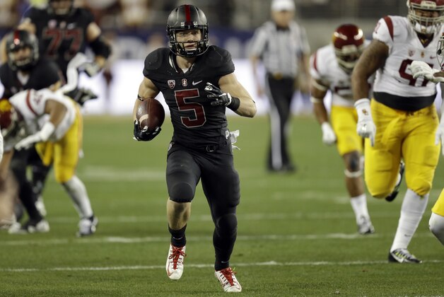 Stanford's Christian McCaffrey (5) rushes against Southern California during the first quarter of a Pac-12 Conference championship NCAA college football game Saturday, Dec. 5, 2015, in Santa Clara, Calif. (AP Photo/Ben Margot)