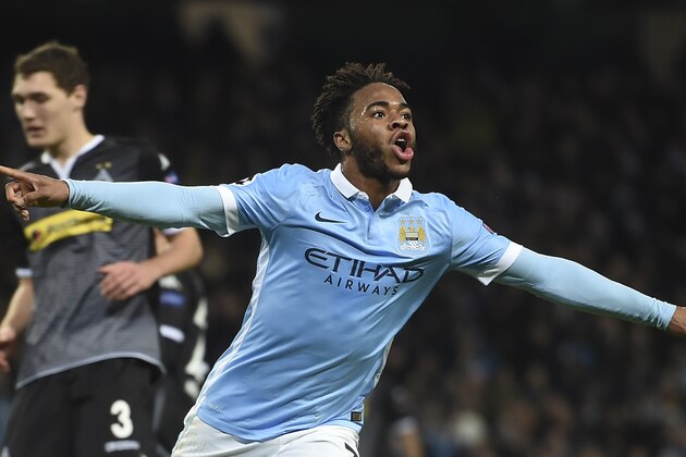 Manchester City's English midfielder Raheem Sterling celebrates scoring his second and City's third goal to take the lead 3-2 during the UEFA Champions League Group D football match between Manchester City and Borussia Moenchengladbach at the Etihad Stadium in Manchester, northwest England, on December 8, 2015.  AFP PHOTO / PAUL ELLIS / AFP / PAUL ELLIS        (Photo credit should read PAUL ELLIS/AFP/Getty Images)
