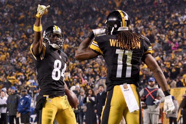 Pittsburgh Steelers wide receiver Antonio Brown (84) celebrates with wide receiver Markus Wheaton (11)after scoring on a pass play against the Indianapolis Colts in the second half of an NFL football game, Sunday, Dec. 6, 2015, in Pittsburgh. (AP Photo/Don Wright)
