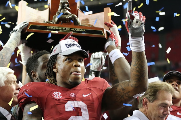 Alabama running back Derrick Henry celebrates after the second half of the Southeastern Conference championship NCAA college football game against Florida, Saturday, Dec. 5, 2015, in Atlanta. Alabama won 29.15. (AP Photo/John Bazemore)