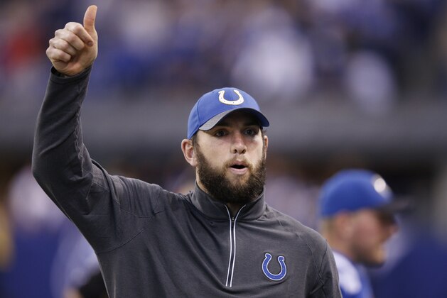 INDIANAPOLIS, IN - NOVEMBER 29: Andrew Luck #12 of the Indianapolis Colts looks on against the Tampa Bay Buccaneers during the game at Lucas Oil Stadium on November 29, 2015 in Indianapolis, Indiana. The Colts defeated the Bucs 25-12. (Photo by Joe Robbins/Getty Images)