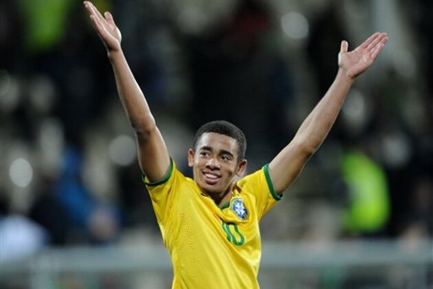 Brazil's Gabriel Jesus celebrate's following their U20 soccer World Cup semifinal game against Senegal in Christchurch, New Zealand, Wednesday, June 17, 2015. Brazil defeated Senegal 5-0. (AP Photo/Ross Setford)