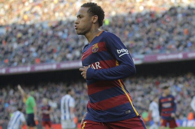 FC Barcelona's Neymar reacts after scoring against Real Sociedad during a Spanish La Liga soccer match at the Camp Nou stadium in Barcelona, Spain, Saturday, Nov. 28, 2015. (AP Photo/Manu Fernandez)