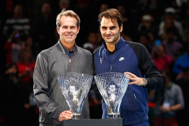 LONDON, ENGLAND - NOVEMBER 15:  Roger Federer of Switzerland receives the Stefan Edberg Sportsmanship Award and the ATPWorldTour.com Fans' Favourite in Singles presented by Moët & Chandon during day one of the Barclays ATP World Tour Finals at O2 Arena on November 15, 2015 in London, England.  (Photo by Julian Finney/Getty Images)