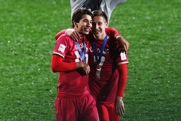 AUCKLAND, NEW ZEALAND - JUNE 20:  Marko Grujic of Serbia and Ivan Saponjic of Serbia celebrate after winning the FIFA U-20 World Cup Final match between Brazil and Serbia at North Harbour Stadium on June 20, 2015 in Auckland, New Zealand.  (Photo by Hannah Peters/Getty Images)