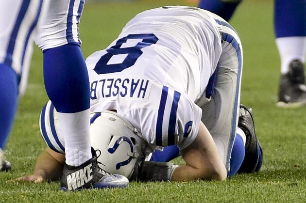 Indianapolis Colts quarterback Matt Hasselbeck (8) is injured as he plays against the Pittsburgh Steelers in the second half of an NFL football game, Sunday, Dec. 6, 2015, in Pittsburgh. (AP Photo/Fred Vuich)