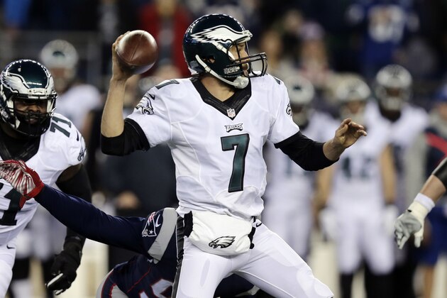 Philadelphia Eagles quarterback Sam Bradford (7) passes against the New England Patriots during the first half of an NFL football game, Sunday, Dec. 6, 2015, in Foxborough, Mass. (AP Photo/Charles Krupa)