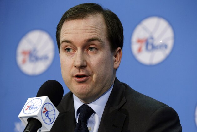 FILE - In this July 23, 2013, file photo, Philadelphia 76ers general manager Sam Hinkie speaks at a news conference to introduce newly-acquired rookie Nerlens Noel at the team's NBA basketball training facility in Philadelphia. Hinkie has his coach and even a roster for his D-League team following this week's draft. He also has a ton of patience, as his first year as 76ers president and general manager promises to be a long one.(AP Photo/Matt Rourke, File)