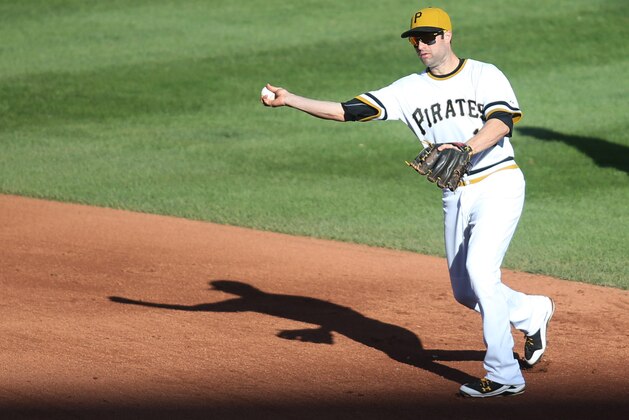 Oct 4, 2015; Pittsburgh, PA, USA; Pittsburgh Pirates second baseman Neil Walker (18) throws to first base to retire Cincinnati Reds catcher Brayan Pena (not pictured) during the fifth inning at PNC Park. Mandatory Credit: Charles LeClaire-USA TODAY Sports