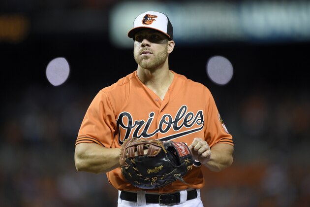 Baltimore Orioles' Chris Davis looks on during a baseball game against the Minnesota Twins, Saturday, Aug. 22, 2015, in Baltimore. (AP Photo/Nick Wass)