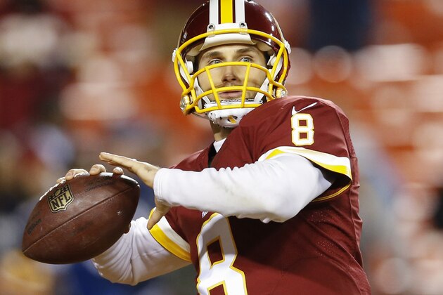 Washington Redskins quarterback Kirk Cousins (8) warms up before an NFL football game against the Dallas Cowboys in Landover, Md., Monday, Dec. 7, 2015. (AP Photo/Patrick Semansky)