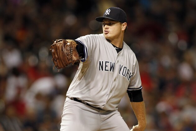 New York Yankees Justin Wilson pitches in the seventh inning of a baseball game against the Cleveland Indians Thursday Aug. 13, 2015, 2015, in Cleveland. (AP Photo/Aaron Josefczyk)