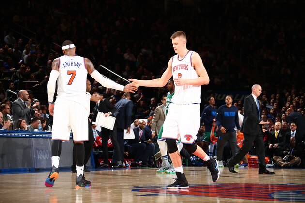 NEW YORK, NY - DECEMBER 7: Kristaps Porzingis #6 of the New York Knicks shakes hands with Carmelo Anthony #7 of the New York Knicks during the game against the Dallas Mavericks on December 7, 2015 at Madison Square Garden in New York City, New York. NOTE TO USER: User expressly acknowledges and agrees that, by downloading and or using this photograph, User is consenting to the terms and conditions of the Getty Images License Agreement. Mandatory Copyright Notice: Copyright 2015 NBAE (Photo by Nathaniel S. Butler/NBAE via Getty Images) NEW YORK, NY - DECEMBER 7: Kristaps Porzingis #6 of the New York Knicks shakes hands with Carmelo Anthony #7 of the New York Knicks during the game against the Dallas Mavericks on December 7, 2015 at Madison Square Garden in New York City, New York. NOTE TO USER: User expressly acknowledges and agrees that, by downloading and or using this photograph, User is consenting to the terms and conditions of the Getty Images License Agreement. Mandatory Copyright Notice: Copyright 2015 NBAE (Photo by Nathaniel S. Butler/NBAE via Getty Images)