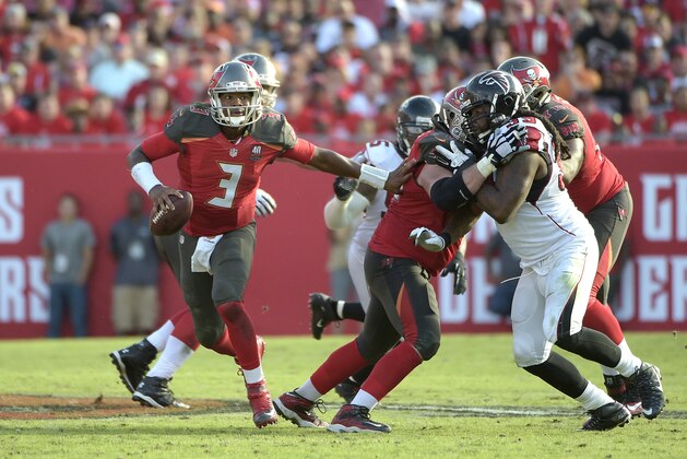 Tampa Bay Buccaneers quarterback Jameis Winston (3) scrambles for a first down during the second half of an NFL football game against the Atlanta Falcons in Tampa, Fla., Sunday, Dec. 6, 2015. The Buccaneers won 23-19. (AP Photo/Phelan M. Ebenhack)