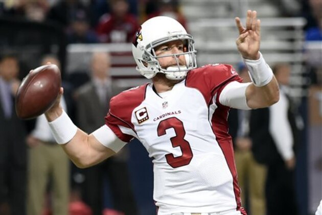 FILE - In this Dec. 6, 2015, file photo, Arizona Cardinals quarterback Carson Palmer throws during the first quarter of an NFL football game against the St. Louis Rams, in St. Louis. The Cardinals play the battered Minnesota Vikings on Thursday in Arizona.(AP Photo/L.G. Patterson, File)