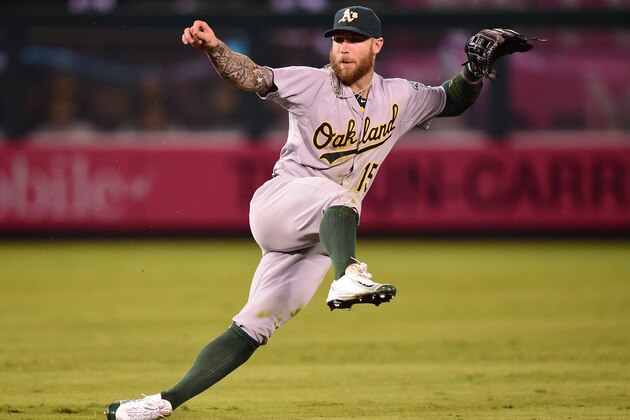 ANAHEIM, CA - SEPTEMBER 29:  Brett Lawrie #15 of the Oakland Athletics reacts after his throw to first  resulted in an Albert Pujols #5 of the Los Angeles Angels single during the fourth inning at Angel Stadium of Anaheim on September 29, 2015 in Anaheim, California.  (Photo by Harry How/Getty Images)