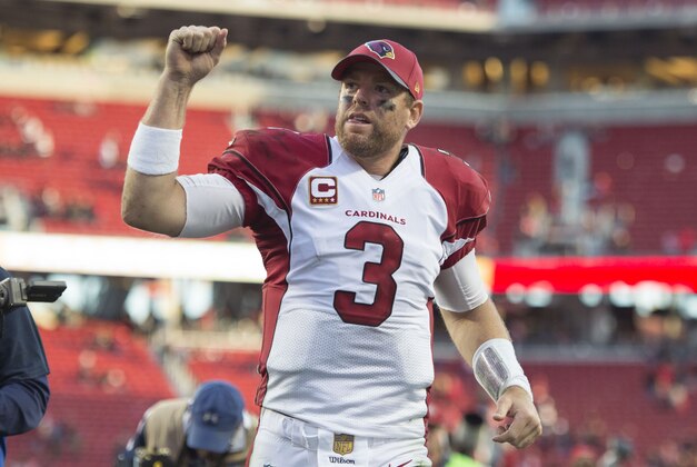 November 29, 2015; Santa Clara, CA, USA; Arizona Cardinals quarterback Carson Palmer (3) celebrates after the game against the San Francisco 49ers at Levi's Stadium. The Cardinals defeated the 49ers 19-13. Mandatory Credit: Kyle Terada-USA TODAY Sports