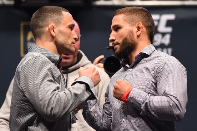 LAS VEGAS, NV - DECEMBER 09:  (L-R) Opponents Frankie Edgar and Chad Mendes face off during the UFC Press Conference inside MGM Grand Garden Arena on December 9, 2015 in Las Vegas, Nevada.  (Photo by Josh Hedges/Zuffa LLC/Zuffa LLC via Getty Images)