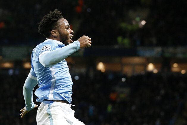 Manchester City's Raheem Sterling celebrates after scoring a goal during the Champions League Group D soccer match between Manchester City and Borussia Monchengladbach at the Etihad Stadium, Manchester, England, Tuesday, Dec. 8, 2015. (AP Photo/Jon Super)