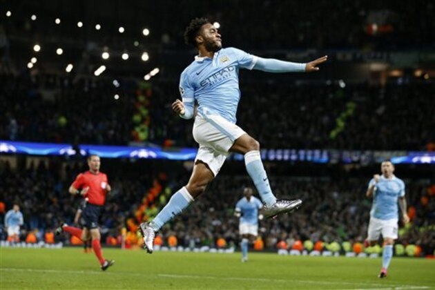 Manchester City's Raheem Sterling celebrates after scoring a goal during the Champions League Group D soccer match between Manchester City and Borussia Monchengladbach at the Etihad Stadium, Manchester, England, Tuesday, Dec. 8, 2015. (AP Photo/Jon Super)