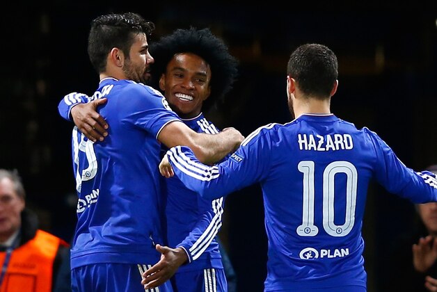 LONDON, ENGLAND - DECEMBER 09:  Willian of Chelsea (22) celebrates with Diego Costa (L) and Eden Hazard of Chelsea (R) as he scores their second goal during the UEFA Champions League Group G match between Chelsea FC and FC Porto at Stamford Bridge on December 9, 2015 in London, United Kingdom.  (Photo by Clive Rose/Getty Images)