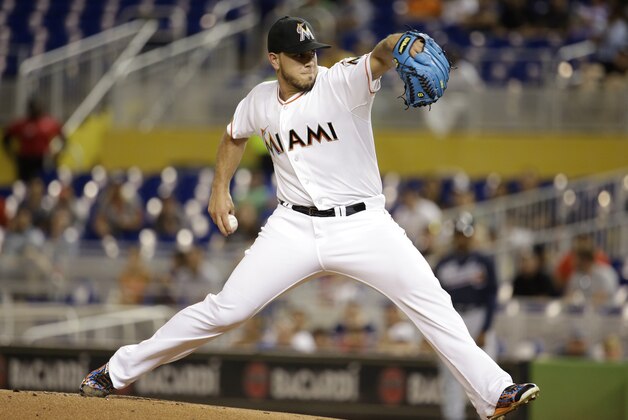 Miami Marlins starting pitcher Jose Fernandez throws in the first inning of a baseball game against the Atlanta Braves, Friday, Sept. 25, 2015, in Miami. (AP Photo/Lynne Sladky)