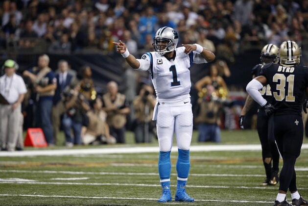 Carolina Panthers quarterback Cam Newton (1) reacts in the first half of an NFL football game against the New Orleans Saints in New Orleans, Sunday, Dec. 6, 2015. (AP Photo/Bill Feig)