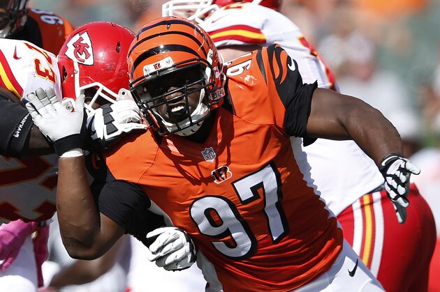 CINCINNATI, OH - OCTOBER 4: Geno Atkins #97 of the Cincinnati Bengals in action against the Kansas City Chiefs during a game at Paul Brown Stadium on October 4, 2015 in Cincinnati, Ohio. The Bengals defeated the Chiefs 36-21. (Photo by Joe Robbins/Getty Images)