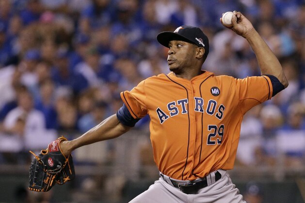 Houston Astros relief pitcher Tony Sipp throws during the seventh inning in Game 1 of baseball's American League Division Series against the Kansas City Royals, Thursday, Oct. 8, 2015, in Kansas City, Mo. (AP Photo/Charlie Riedel)