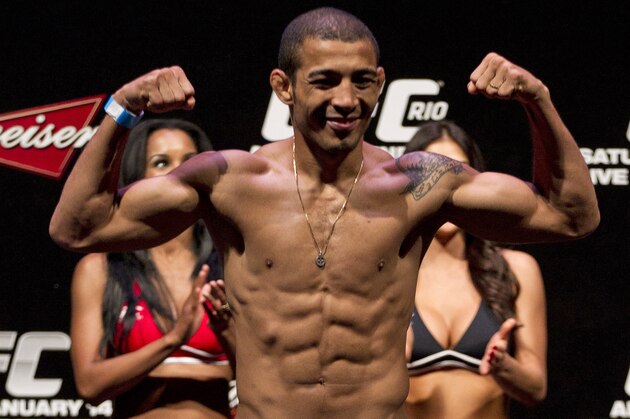 Mixed Martial Arts, MMA, fighter Jose Aldo, from Brazil, weighs-in ahead of the Ultimate Fighting Championship, UFC, 142 in Rio de Janeiro, Brazil, Friday, Jan. 13, 2012. Aldo will face Chad Mendes, from the US, on Friday for the UFC featherweight title. (AP Photo/Felipe Dana)