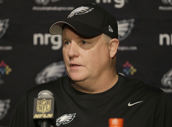 Philadelphia Eagles head coach Chip Kelly speaks to the media after beating the New England Patriots 35-28 in an NFL football game Sunday, Dec. 6, 2015, in Foxborough, Mass. (AP Photo/Steven Senne)