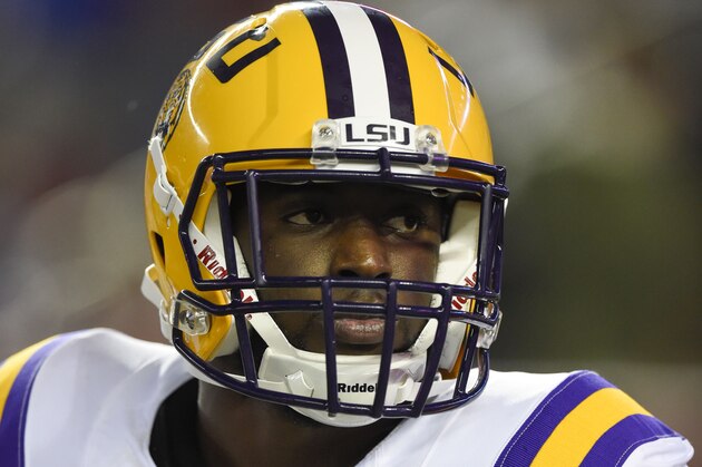 Nov 7, 2015; Tuscaloosa, AL, USA; LSU Tigers running back Leonard Fournette (7) on the field during warm-ups prior to the game against the Alabama Crimson Tide at Bryant-Denny Stadium. Mandatory Credit: John David Mercer-USA TODAY Sports
