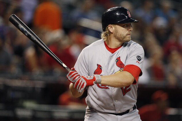 St. Louis Cardinals' Mark Reynolds waits for a pitch against the Arizona Diamondbacks during the second inning of a baseball game Wednesday, Aug. 26, 2015, in Phoenix. (AP Photo/Ross D. Franklin)