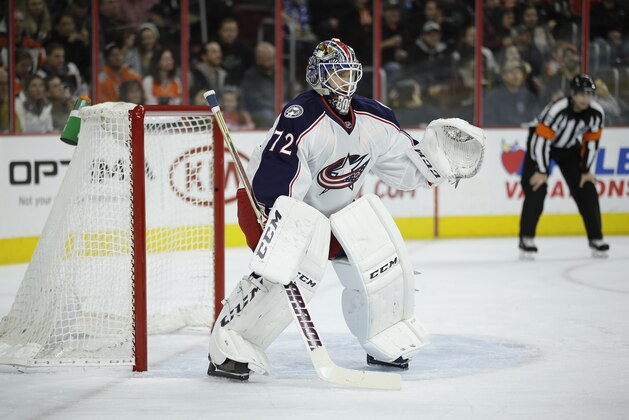 Columbus Blue Jackets' Sergei Bobrovsky in action during an NHL hockey game against the Philadelphia Flyers, Saturday, Dec. 5, 2015, in Philadelphia. (AP Photo/Matt Slocum)