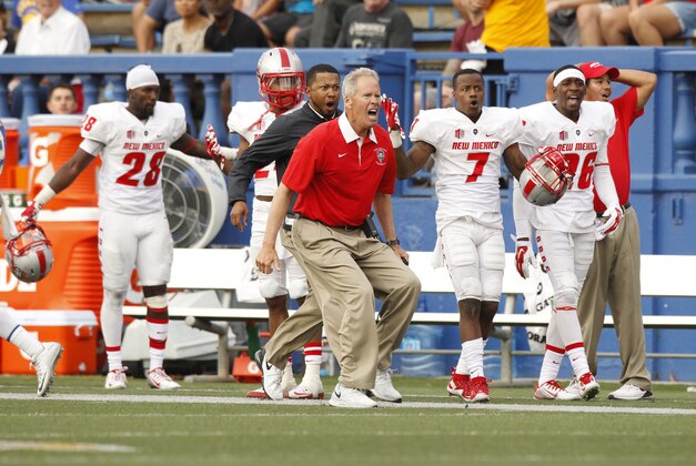 Oct 24, 2015; San Jose, CA, USA; New Mexico Lobos head coach Bob Davie reacts after the Lobos were called for pass interference against the San Jose State Spartans in the second quarter at Spartan Stadium. Mandatory Credit: Cary Edmondson-USA TODAY Sports