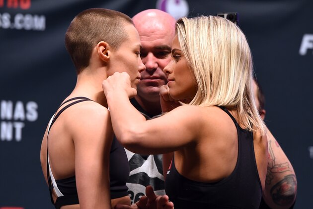 LAS VEGAS, NV - DECEMBER 09:  (L-R) Opponents Rose Namajunas and Paige VanZant face off during the UFC Fight Night weigh-in inside MGM Grand Garden Arena on December 9, 2015 in Las Vegas, Nevada.  (Photo by Josh Hedges/Zuffa LLC/Zuffa LLC via Getty Images)