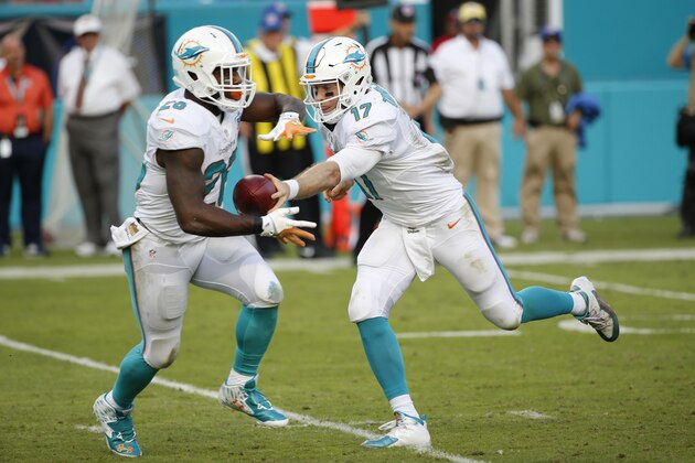 Miami Dolphins quarterback Ryan Tannehill (17) hands the ball to Miami Dolphins running back Lamar Miller (26) during the second half of an NFL football game, Sunday, Dec. 6, 2015, in Miami Gardens, Fla.  (AP Photo/Wilfredo Lee)