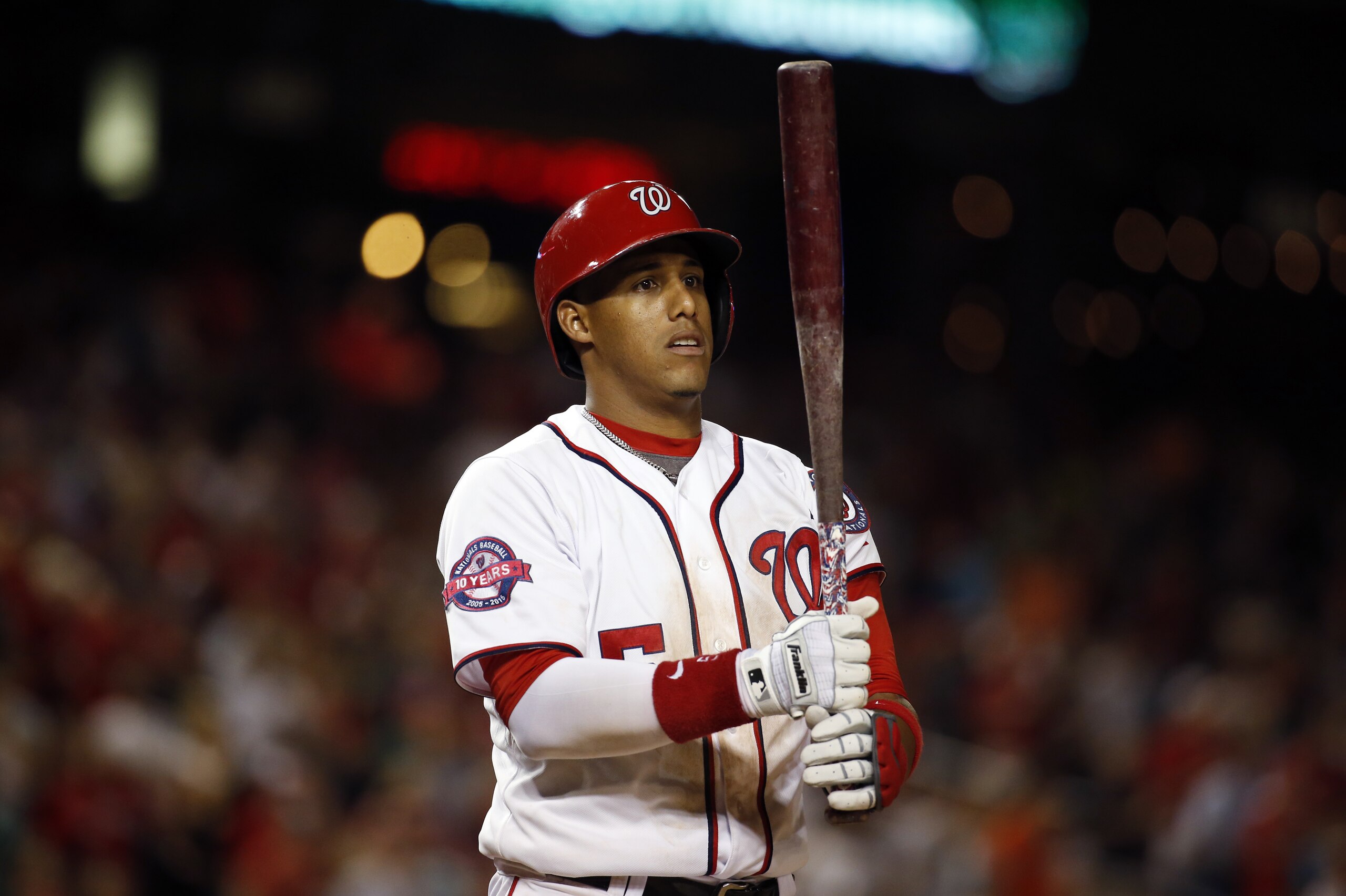Washington Nationals third baseman Yunel Escobar (5) bats during a baseball game against the San Diego Padres at Nationals Park, Wednesday, Aug. 26, 2015, in Washington. The Padres won 6-5. (AP Photo/Alex Brandon)