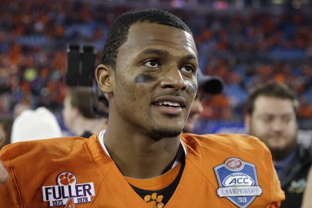 Clemson quarterback Deshaun Watson (4) is seen following Clemson's 45-37 win over North Carolina at the Atlantic Coast Conference championship NCAA college football game in Charlotte, N.C., Saturday, Dec. 5, 2015. (AP Photo/Bob Leverone)