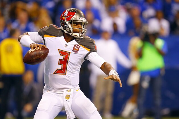 Tampa Bay Buccaneers quarterback Jameis Winston (3) looks to throw a pass against the Indianapolis Colts during an NFL football game in Indianapolis, Sunday, Nov. 29, 2015.  (Jeff Haynes/AP Images for Panini)