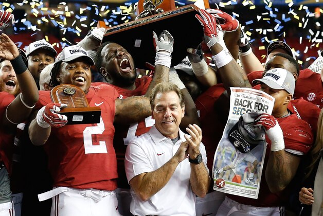 ATLANTA, GA - DECEMBER 05:  Members of the Alabama Crimson Tide, including running back Derrick Henry #2 (front, left) and head coach Nick Saban (center) celebrate after the SEC Championship game against the Florida Gators at Georgia Dome on December 5, 2015 in Atlanta, Georgia.  (Photo by Mike Zarrilli/Getty Images)
