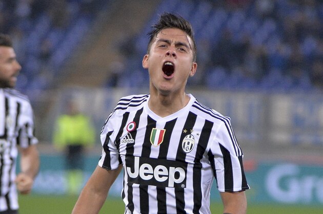 Juventus' Paulo Dybala celebrates after scoring during a Serie A soccer match between Juventus and Lazio at the Rome Olympic stadium Friday, Dec. 4, 2015. (Maurizio Brambatti/ANSA via AP)