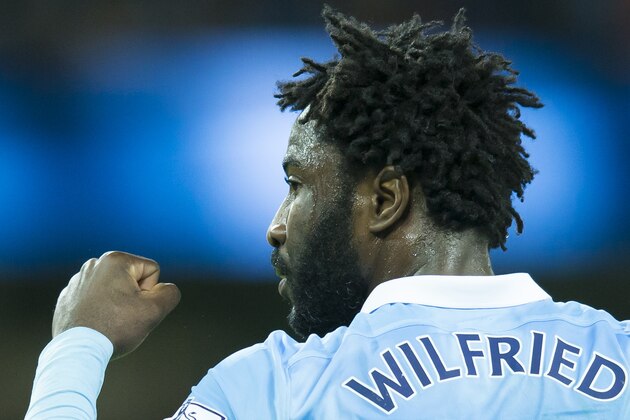 Manchester City's Wilfried Bony celebrates after scoring during the English League Cup soccer match between Manchester City and Hull City at the Etihad Stadium, Manchester, England, Tuesday, Dec. 1, 2015. (AP Photo/Jon Super)
