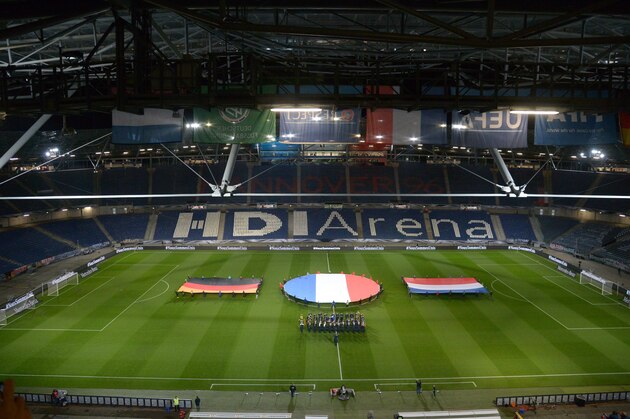 German French and Dutch flags are seen during a rehearsal prior to a friendly football match Germany vs the Netherlands at the HDI Arena in Hanover , Germany on November 17, 2015. AFP PHOTO / DPA /  PETER STEFFEN +++ GERMANY OUT        (Photo credit should read PETER STEFFEN/AFP/Getty Images)