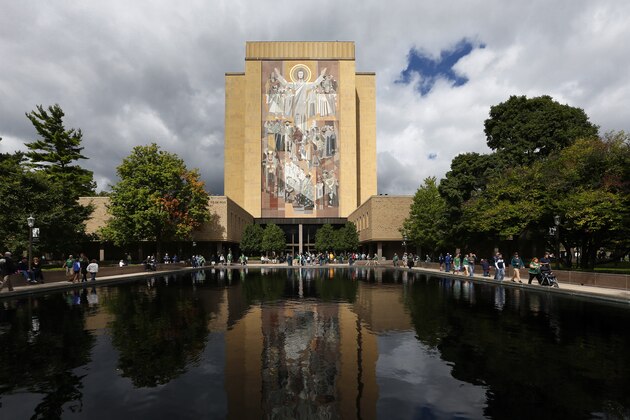 SOUTH BEND, IN - SEPTEMBER 19: General view of the Theodore Hesburgh Library, also known as Touchdown Jesus, prior to the game between the Georgia Tech Yellow Jackets and Notre Dame Fighting Irish at Notre Dame Stadium on September 19, 2015 in South Bend, Indiana. Notre Dame defeated Georgia Tech 30-22. (Photo by Joe Robbins/Getty Images)