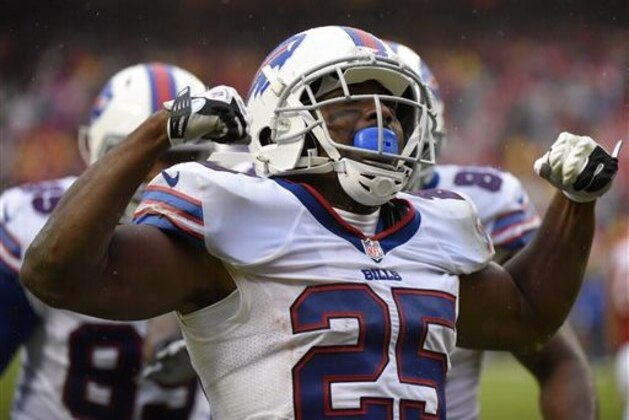 Buffalo Bills running back LeSean McCoy (25) celebrates his touchdown during the second half of an NFL football game against the Kansas City Chiefs in Kansas City, Mo., Sunday, Nov. 29, 2015. (AP Photo/Ed Zurga)