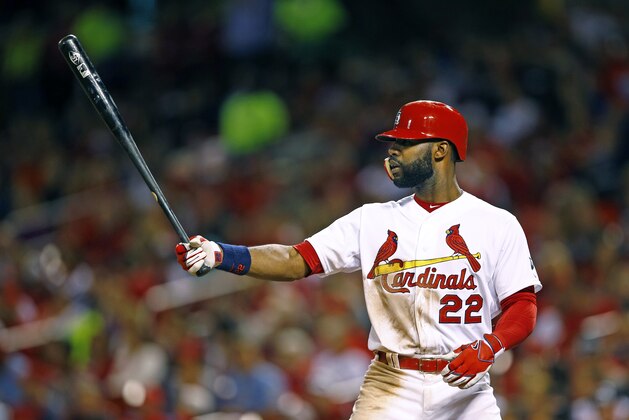St. Louis Cardinals' right fielder Jason Heyward at bat against the Philadelphia Phillies during the sixth inning of a baseball game Tuesday, April 28, 2015, in St. Louis. The Cardinals won the game 11-5. (AP Photo/Billy Hurst)