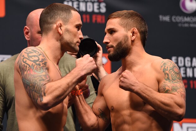 LAS VEGAS, NV - DECEMBER 10:  (L-R) Opponents Frankie Edgar and Chad Mendes face off during the UFC weigh-in inside MGM Grand Garden Arena on December 10, 2015 in Las Vegas, Nevada.  (Photo by Josh Hedges/Zuffa LLC/Zuffa LLC via Getty Images)