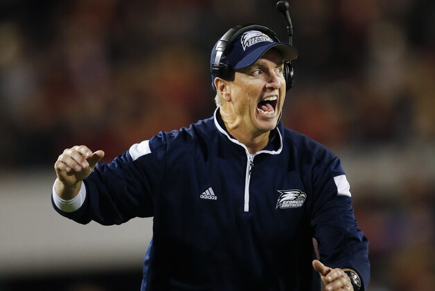 Georgia Southern head coach  Willie Fritz reacts on the sideline in the second half of an NCAA college football game against the Georgia Saturday, Nov. 21, 2015, in Athens, Ga. Georgia won 23-17 in overtime. (AP Photo/John Bazemore)
